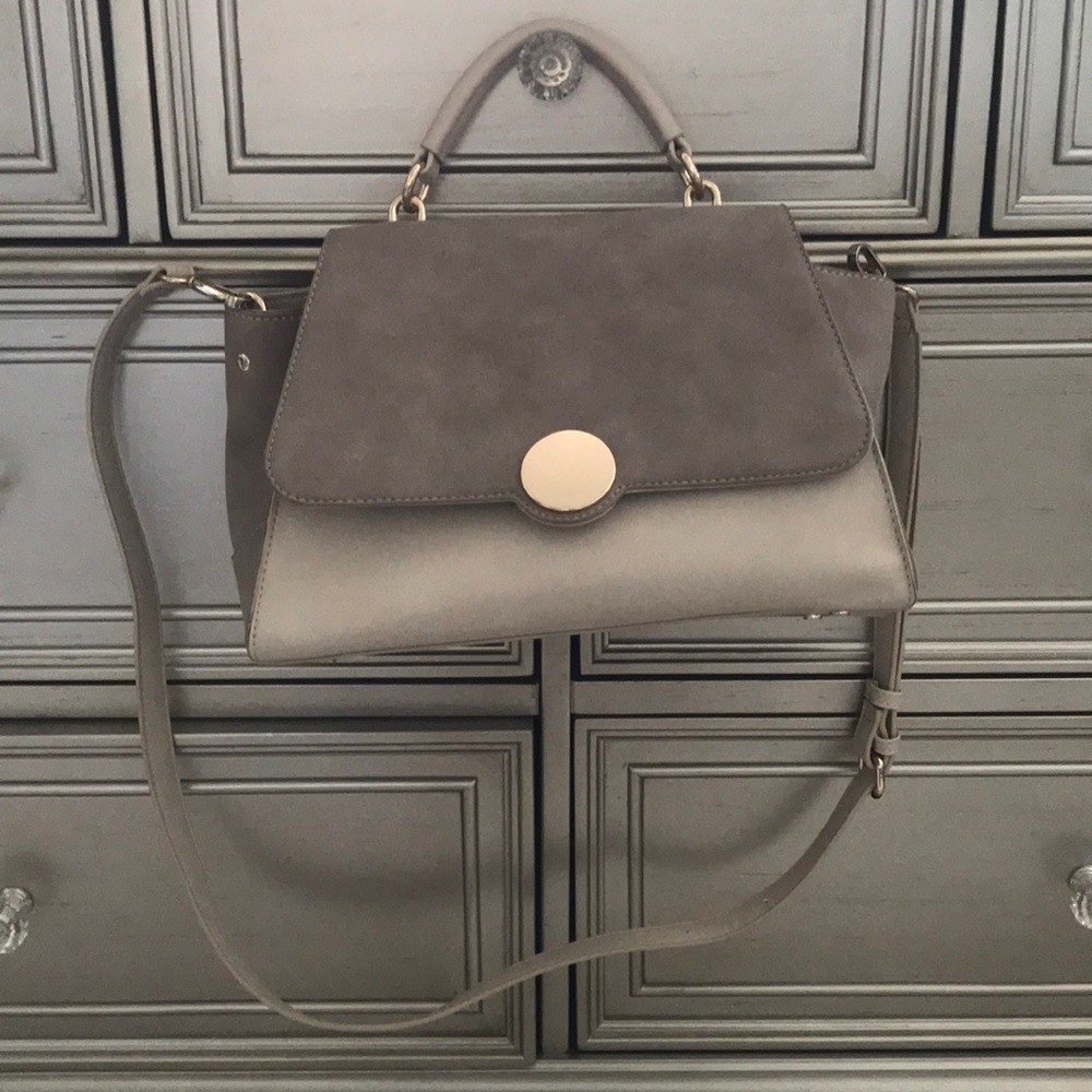 Two tone cream cross body top handle bag